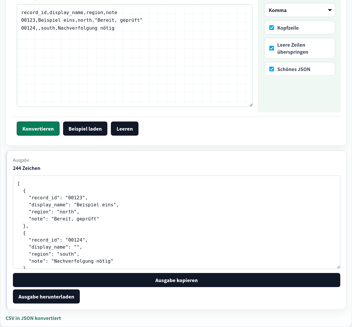 CSV im Browser in formatiertes JSON konvertiert.