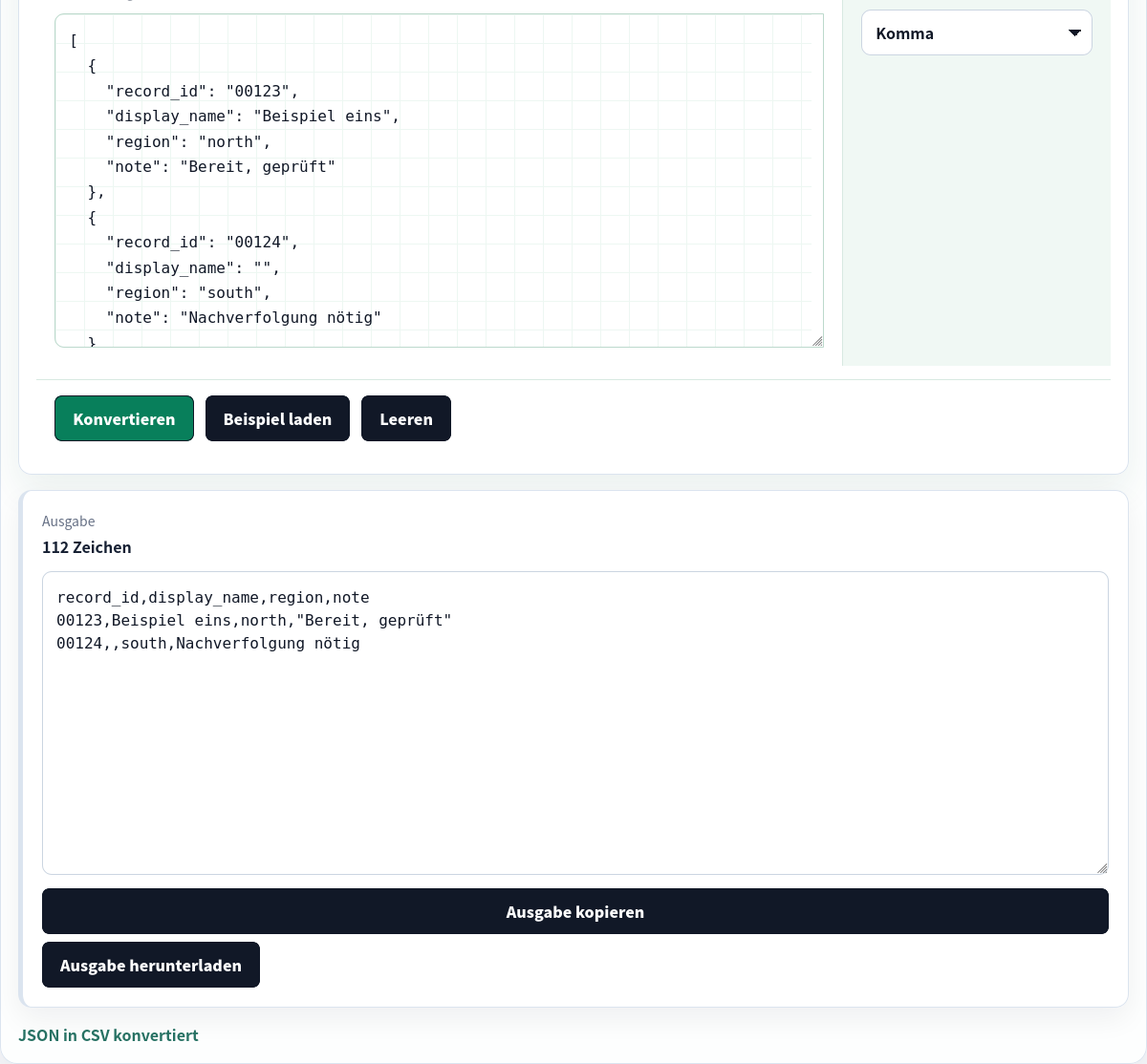 Dasselbe flache JSON-Array zurück zu CSV konvertiert.