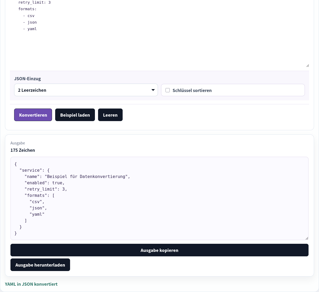 Lokalisierte YAML-Konfiguration zu JSON konvertiert.