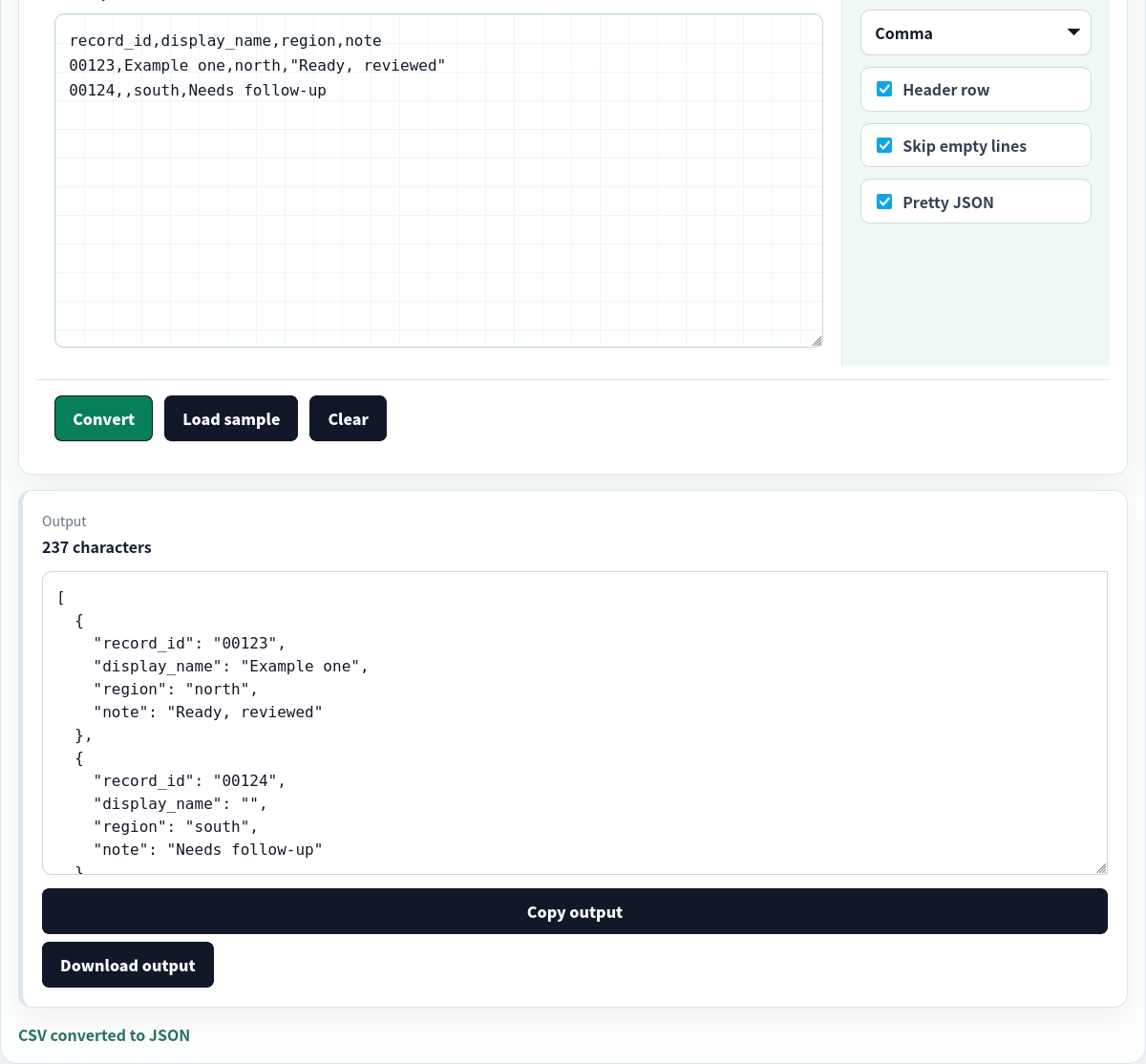 CSV converted to formatted JSON in the browser.