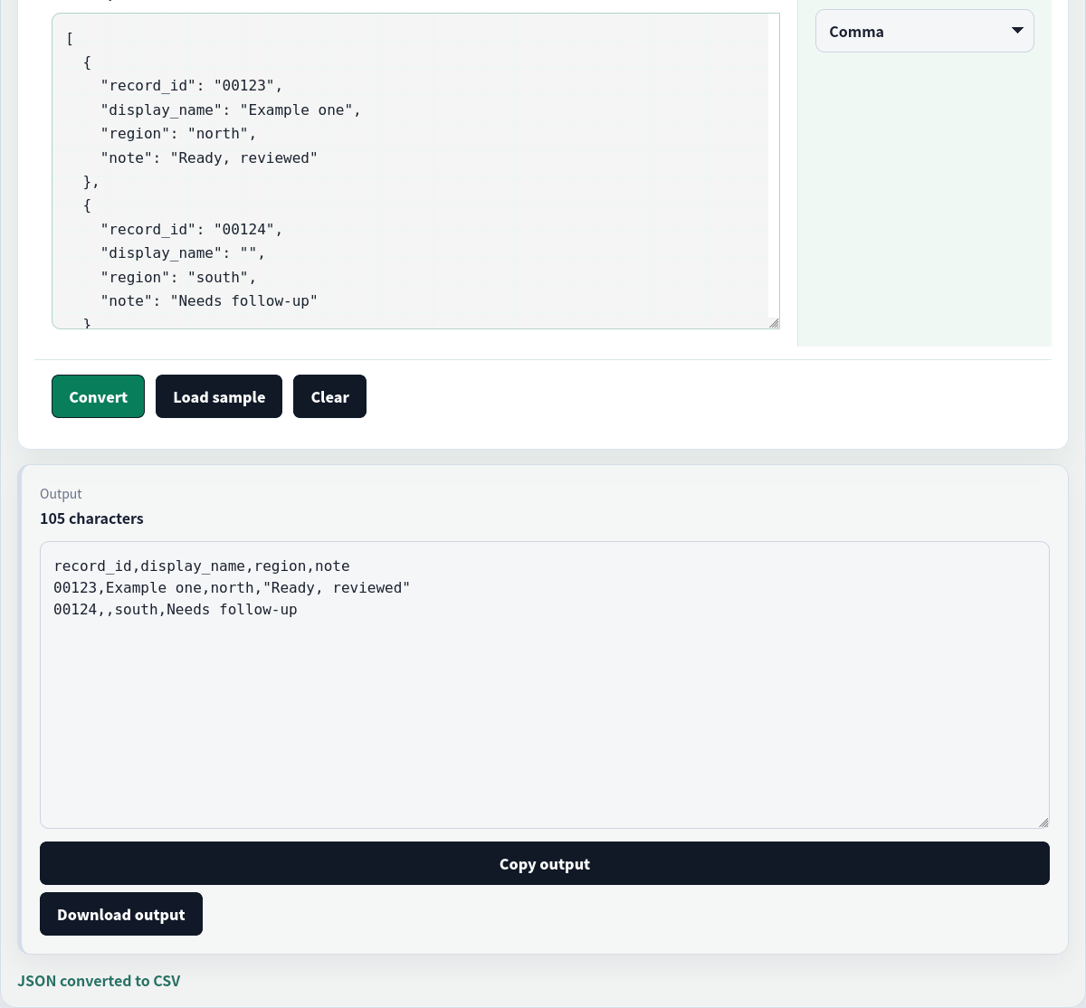 The same flat JSON array converted back to CSV.