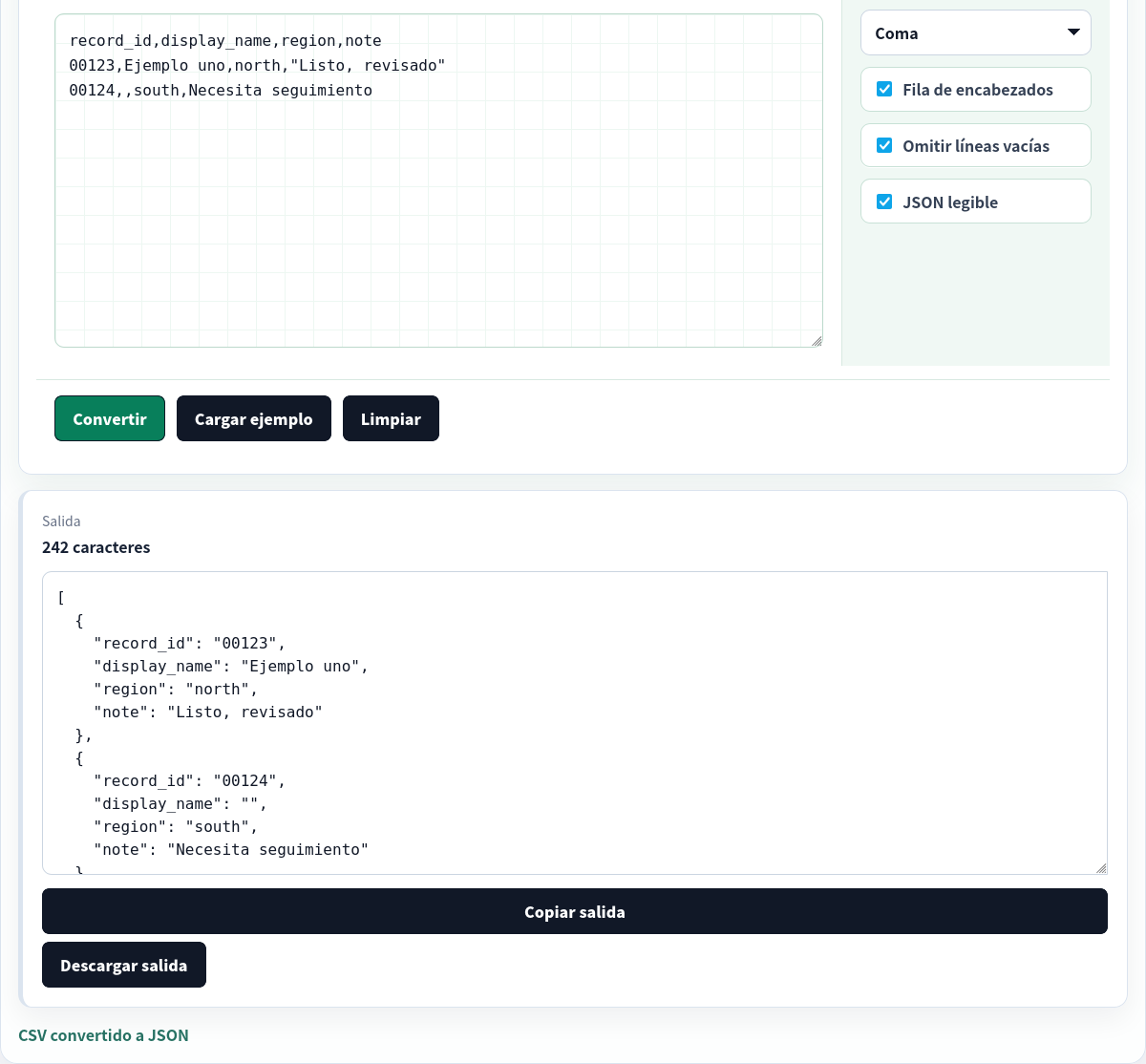 CSV convertido a JSON formateado en el navegador.