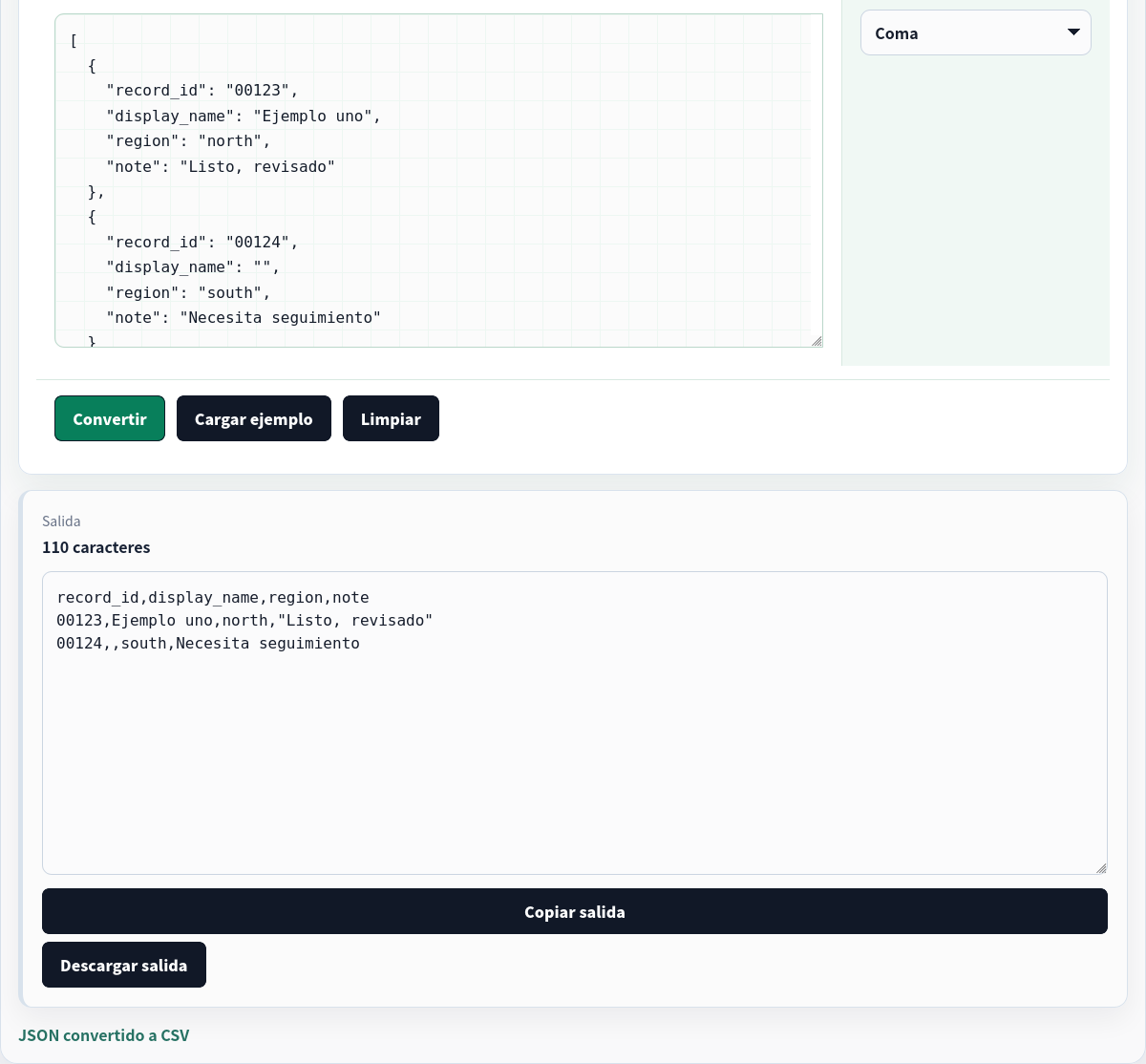 El mismo array JSON plano convertido de vuelta a CSV.