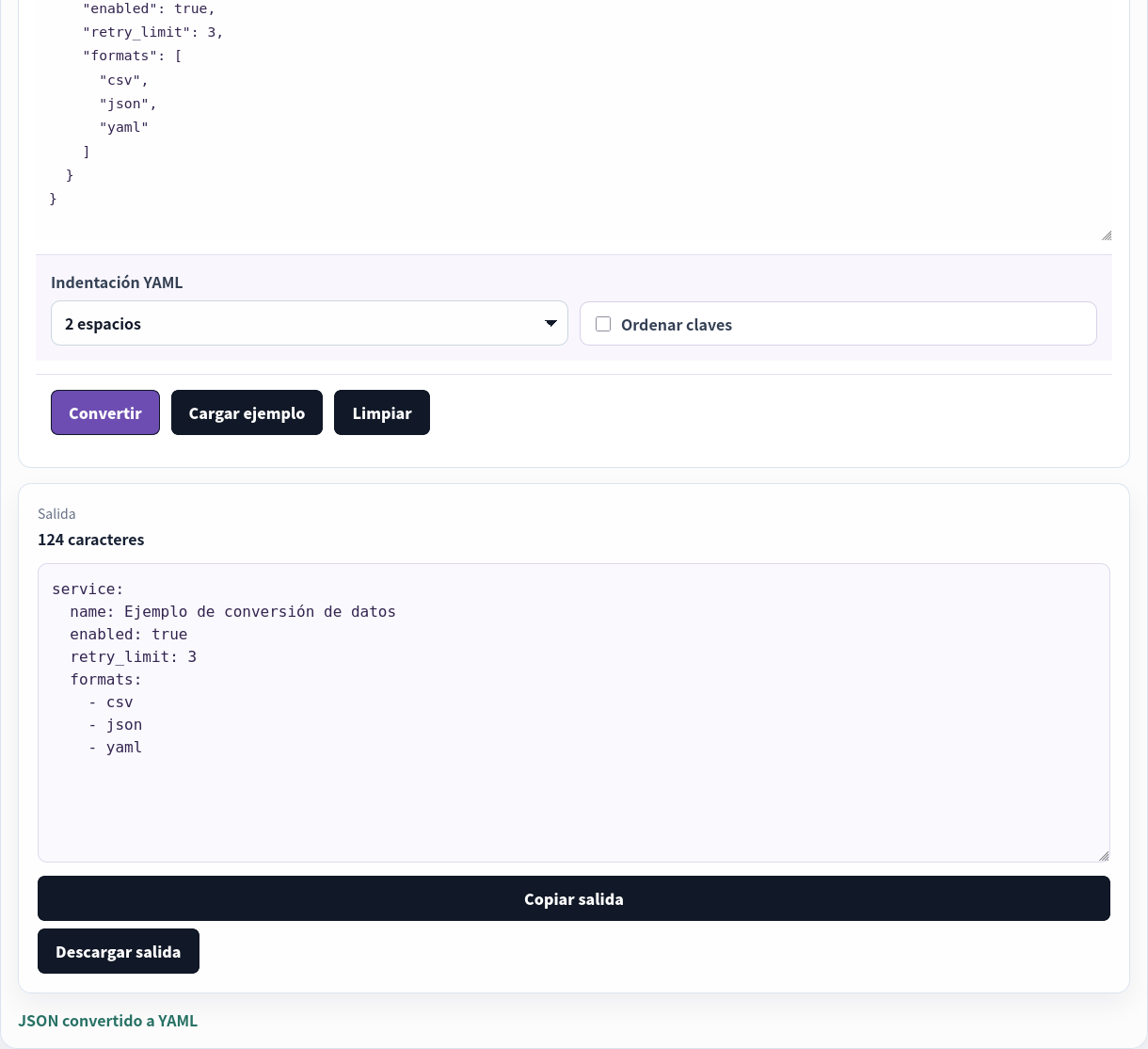 El JSON convertido escrito de nuevo como YAML.
