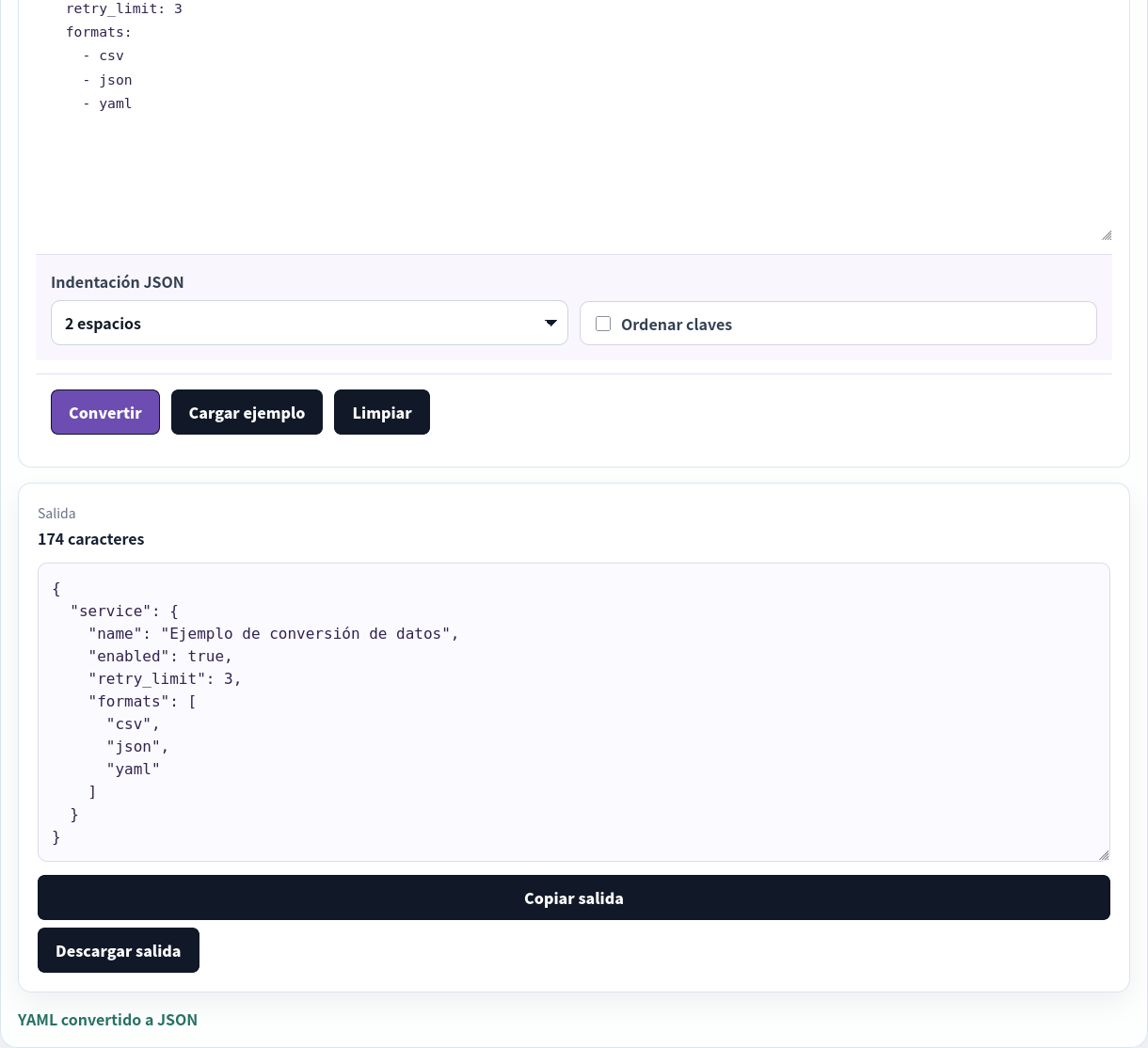 Configuración YAML localizada convertida a JSON.