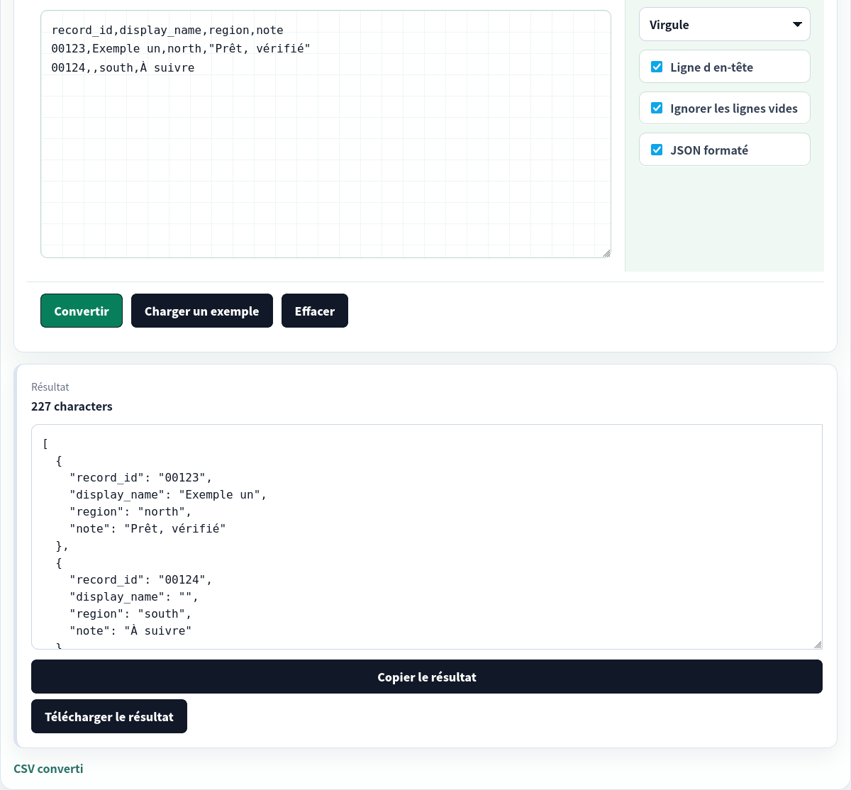 CSV converti en JSON formaté dans le navigateur.