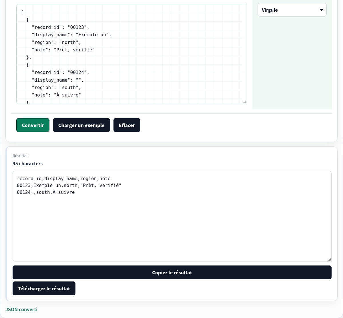 Le même tableau JSON plat reconverti en CSV.