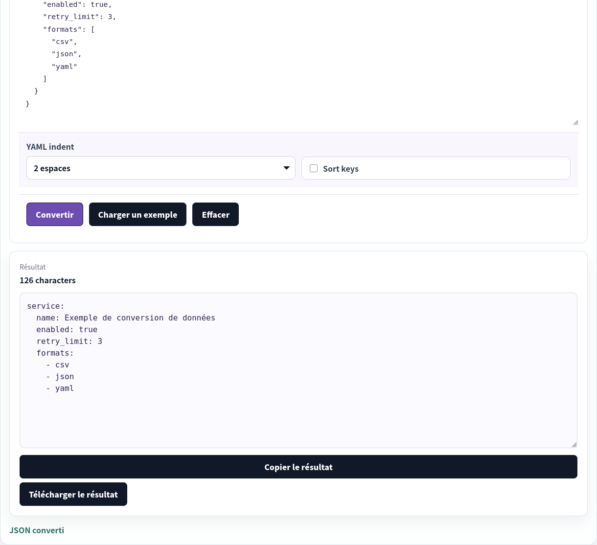 Le JSON converti réécrit en YAML.