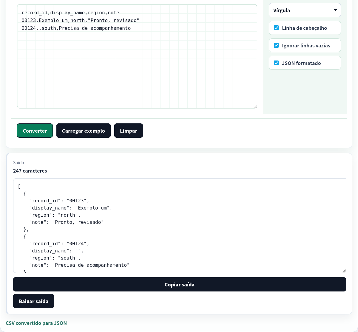 CSV convertido para JSON formatado no navegador.