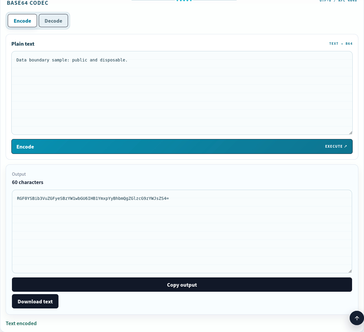 A browser-local Base64 conversion of a public test text.
