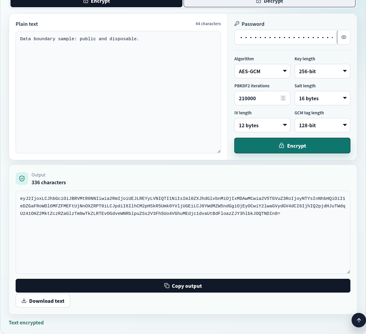 A real server-side AES encryption request using the same public test text.