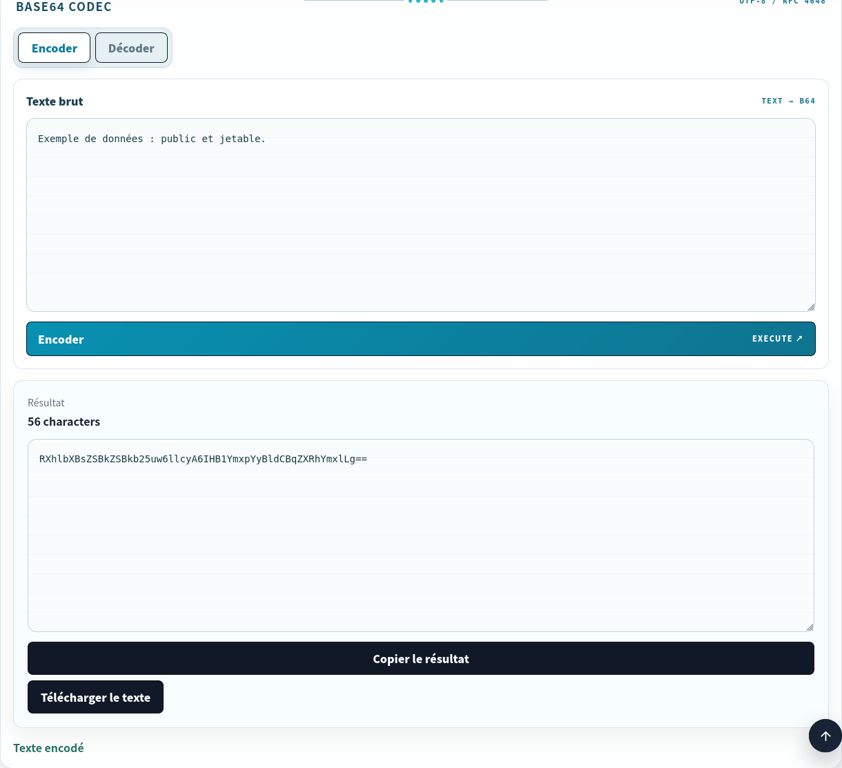 Conversion Base64 locale d’un texte public.