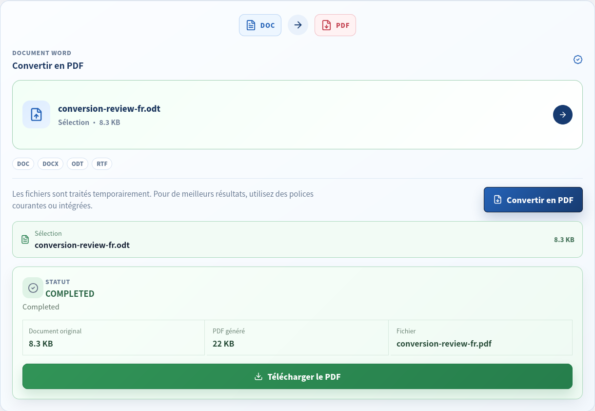 Conversion réelle d’un ODT localisé en PDF.