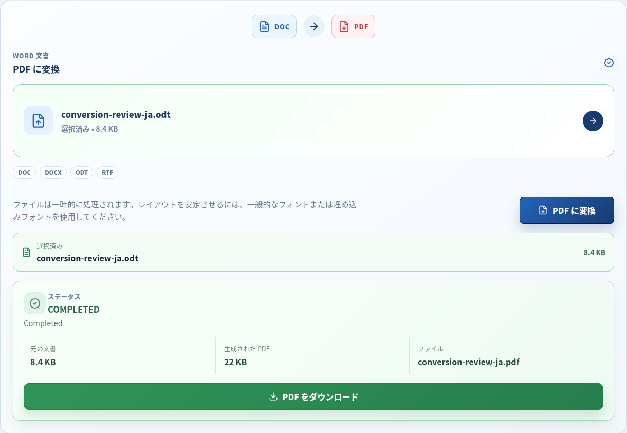 ローカライズした ODT から PDF への実際の変換。