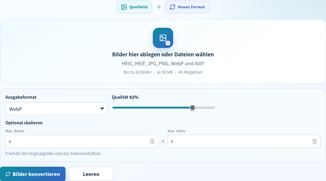 Deutscher Bildformat-Konverter auf WebP mit 82 Prozent und unveränderten Abmessungen
