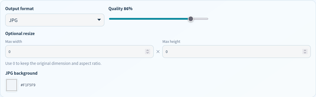 English JPG conversion settings at 86 percent with a light gray background selected