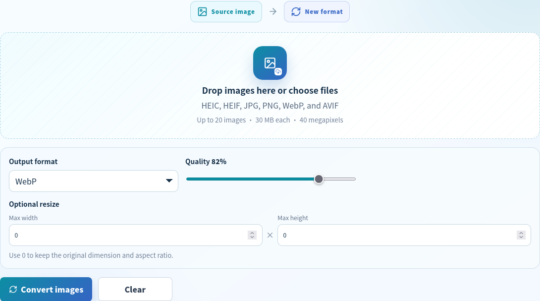 English Image Format Converter set to WebP at 82 percent with original dimensions retained