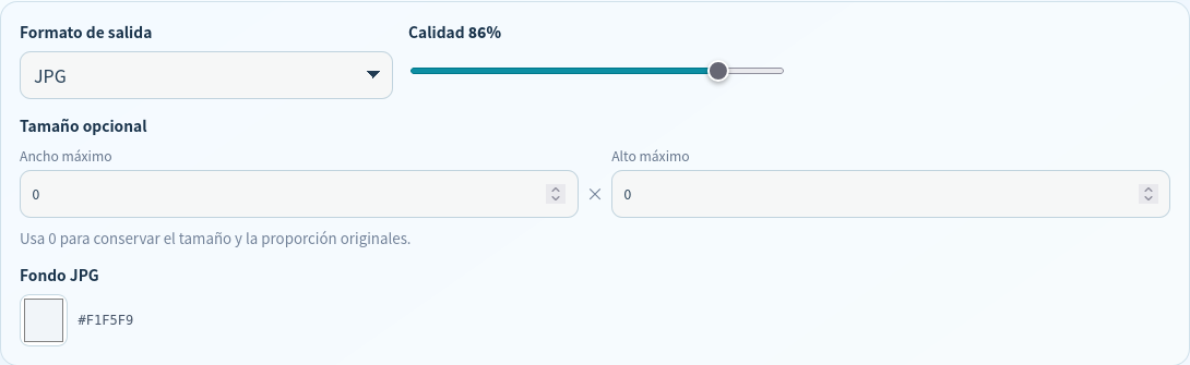 Ajustes JPG en español al 86 por ciento y con fondo gris claro