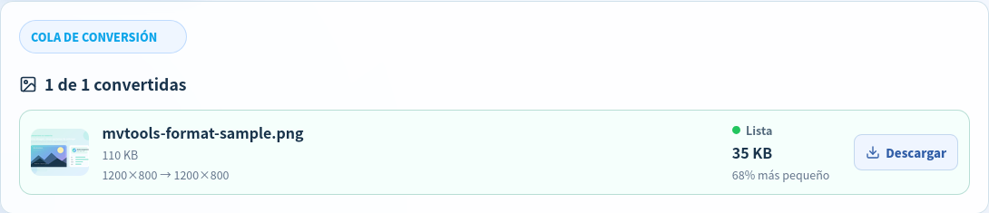 Conversión WebP terminada en español con el tamaño original y el resultado