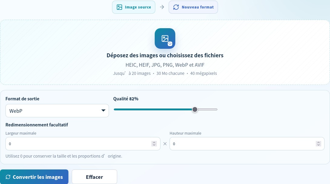 Convertisseur français réglé sur WebP à 82 pour cent sans redimensionnement