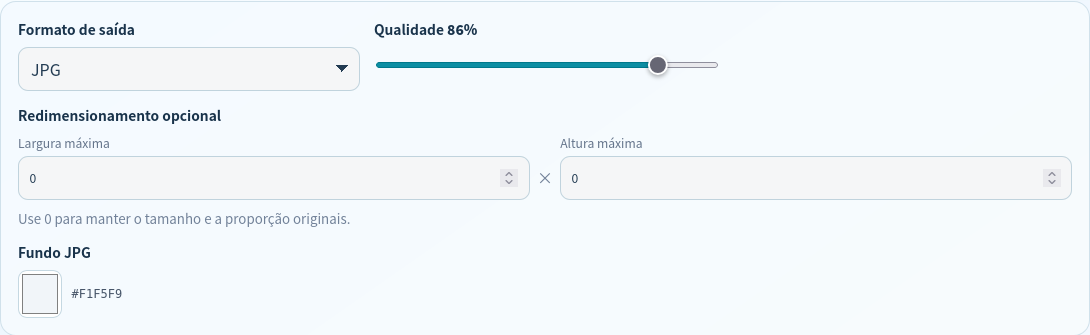 Configurações JPG em português a 86 por cento com fundo cinza-claro