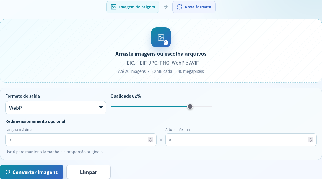 Conversor em português configurado para WebP a 82 por cento sem redimensionamento