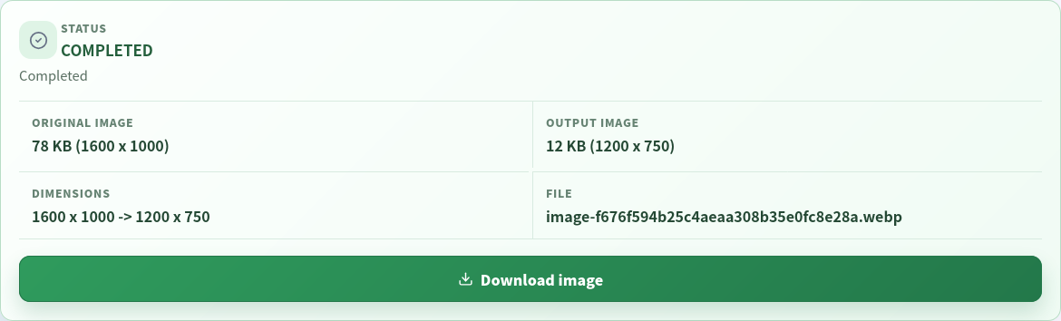 Completed WebP export showing the source and output dimensions.