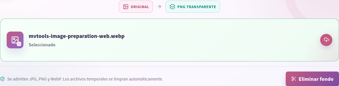 WebP redimensionado seleccionado en Eliminador de fondo.