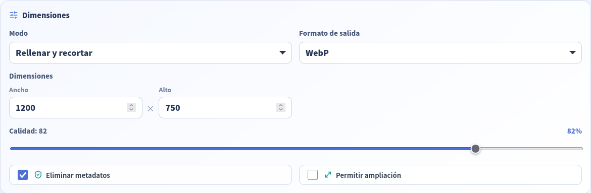 Redimensionador configurado en Rellenar, 1200 × 750, WebP y calidad 82.