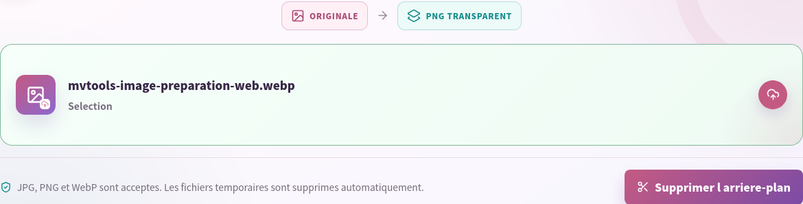 WebP redimensionné sélectionné dans Suppression d’arrière-plan.