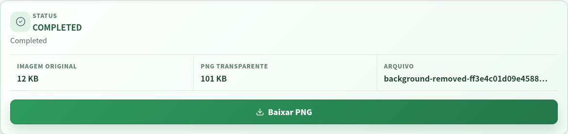 Remoção concluída com download de PNG transparente.