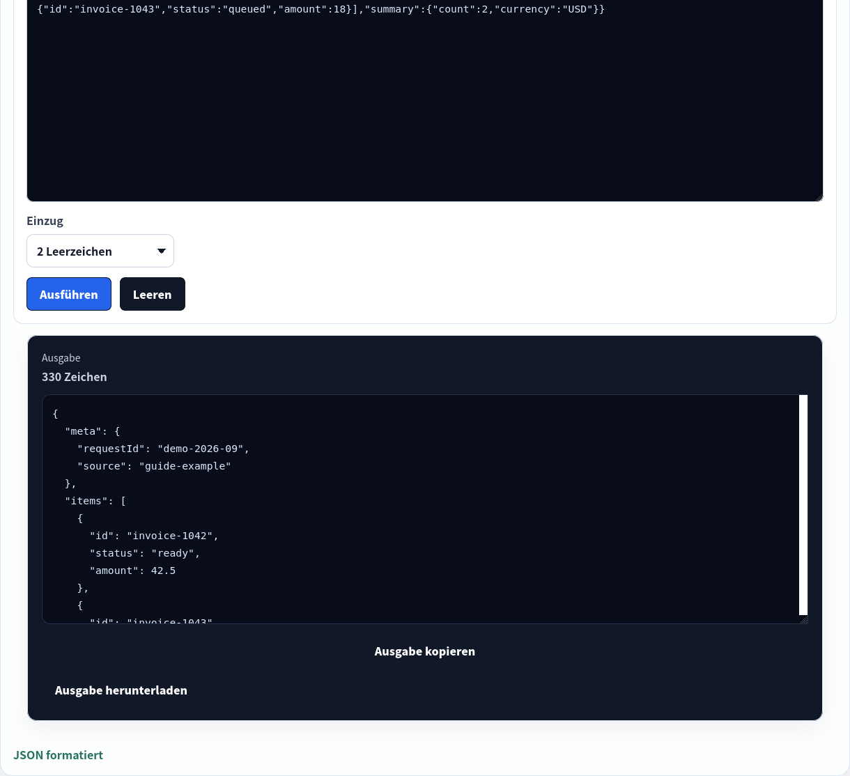 Formatierte JSON-Antwort im JSON-Toolkit.