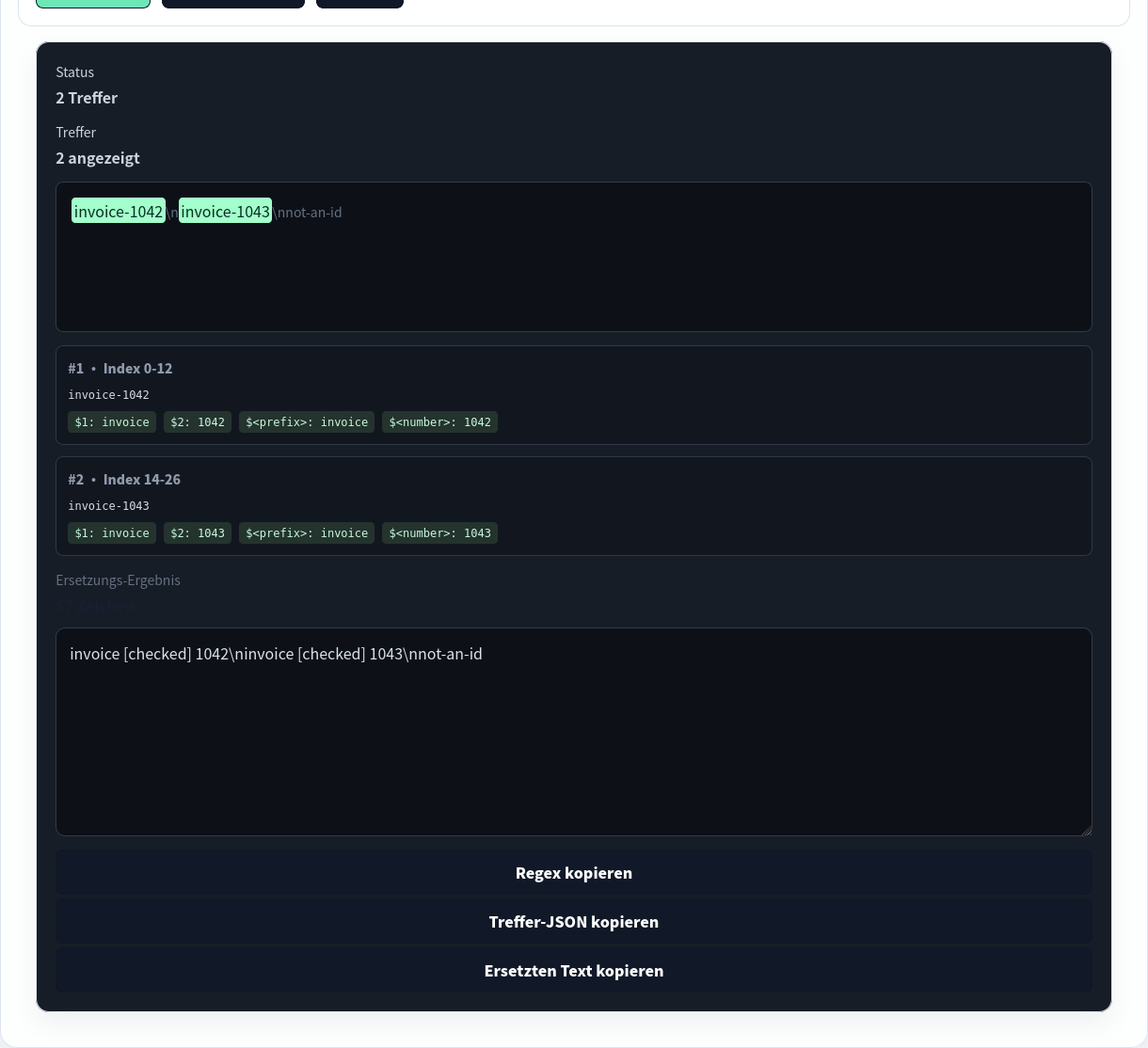 Regex-Tester findet die zwei rechnungsähnlichen IDs.
