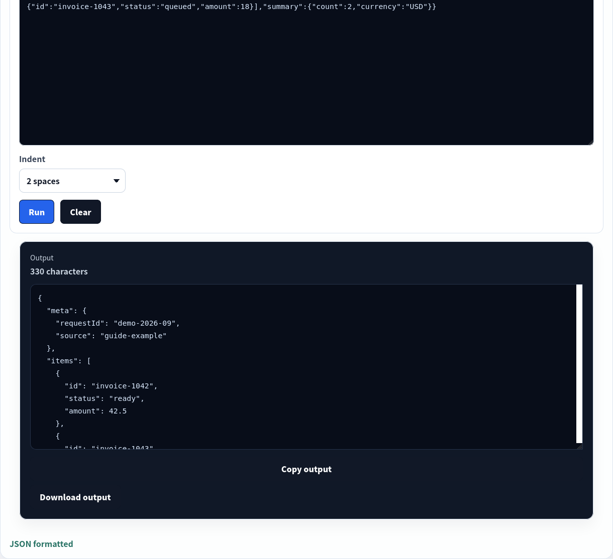 Formatted JSON response in JSON Toolkit.