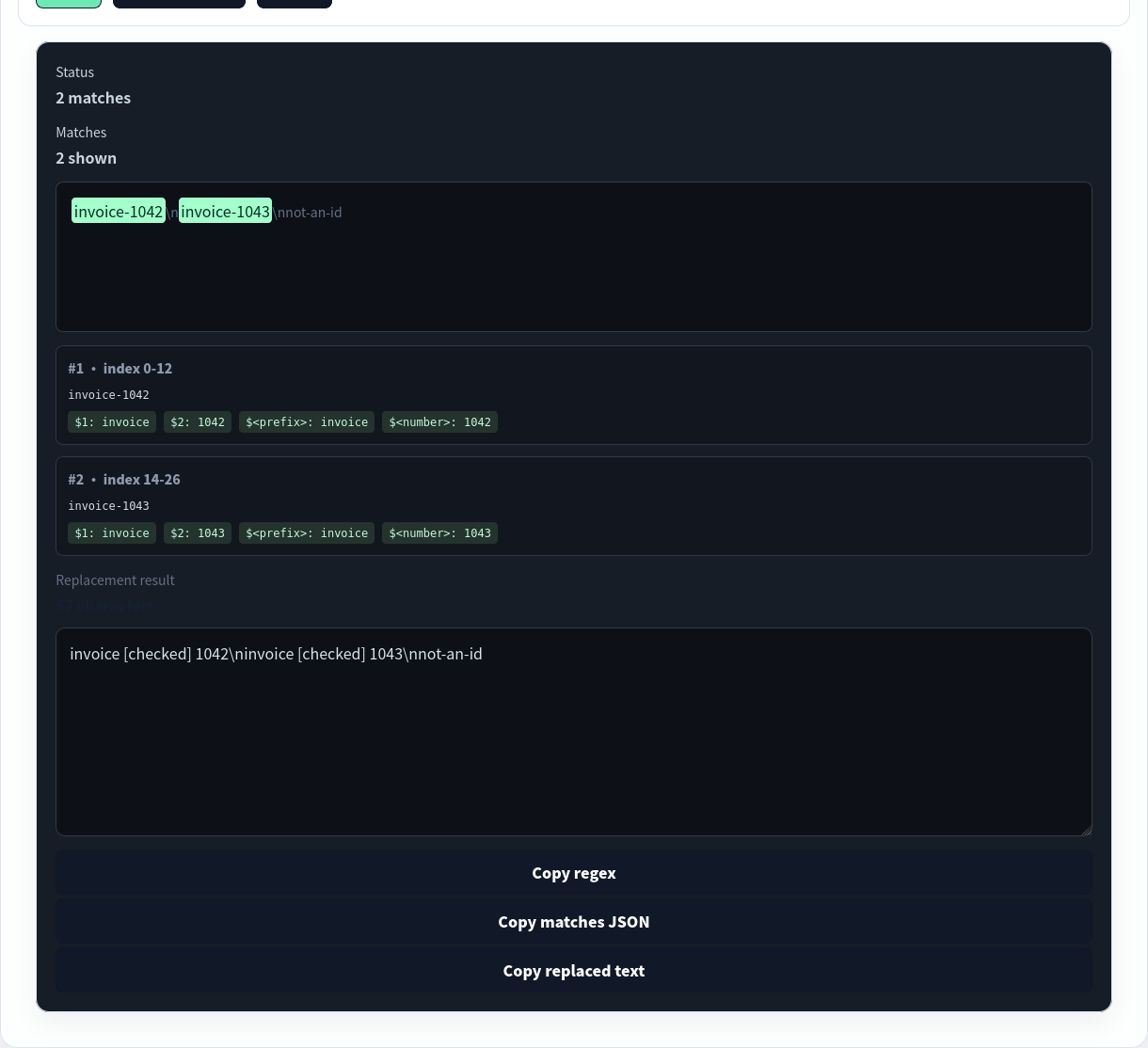 Regex Tester finding the two invoice-like IDs.