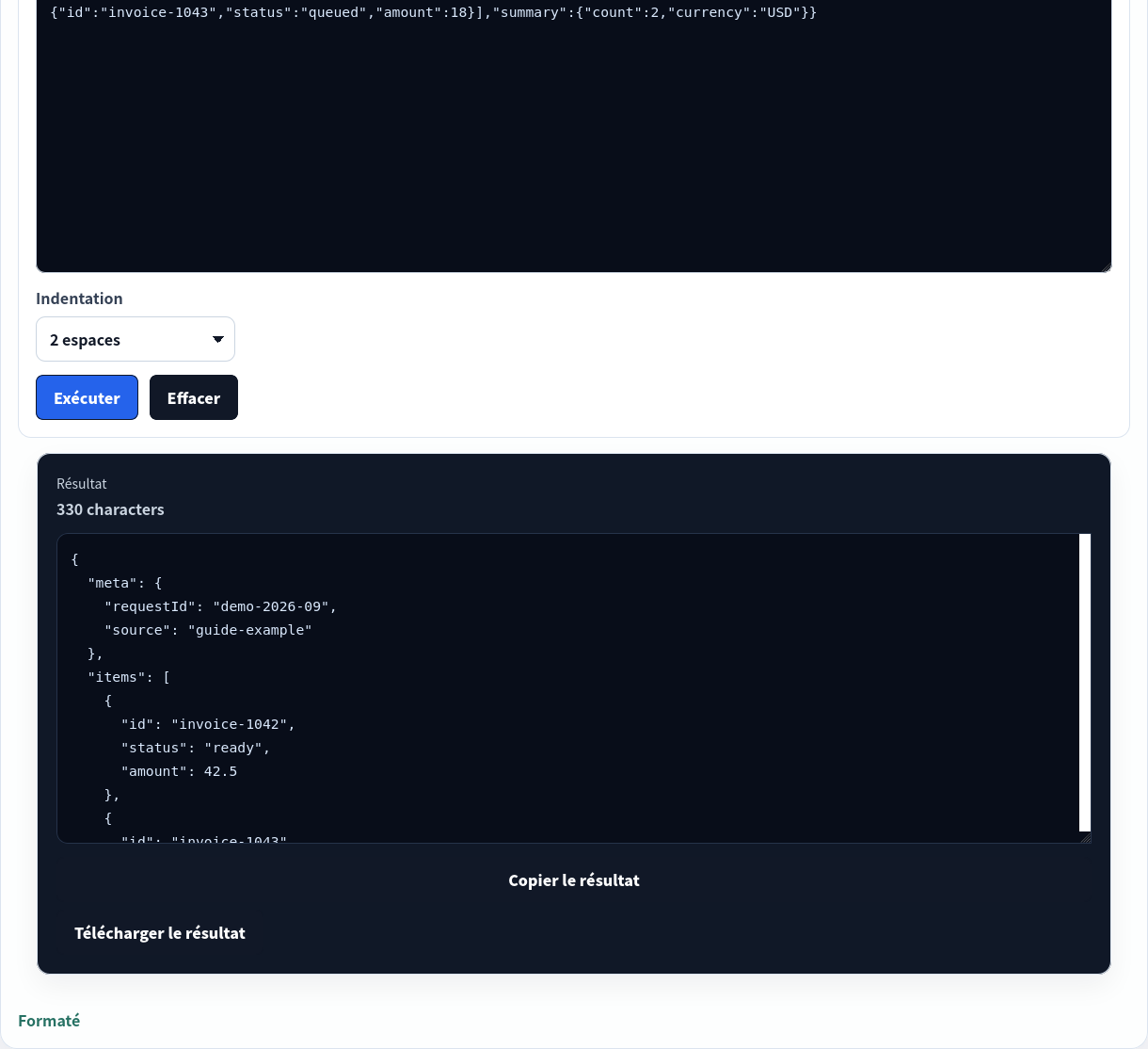 Réponse JSON formatée dans JSON Toolkit.