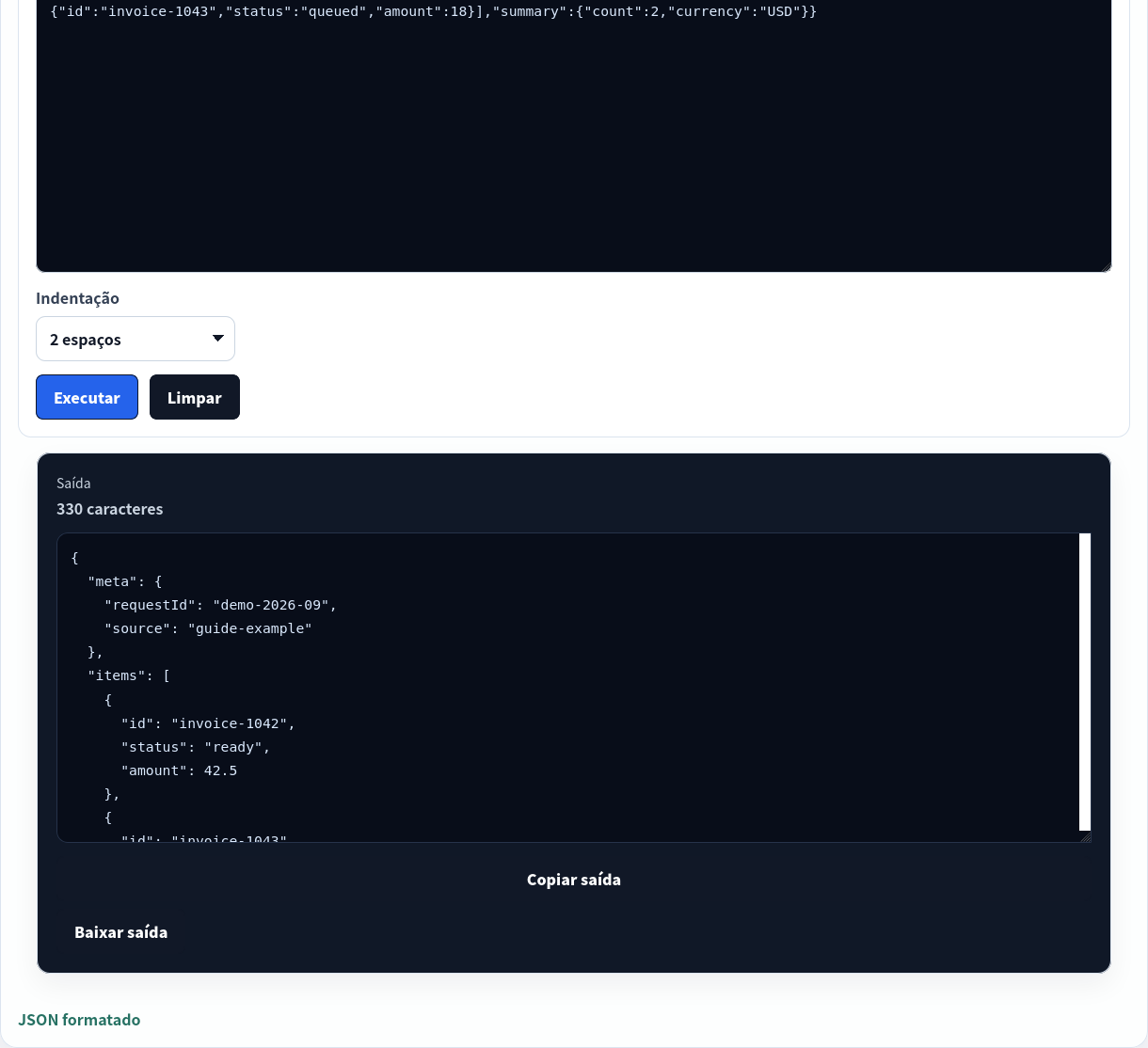 Resposta JSON formatada no JSON Toolkit.