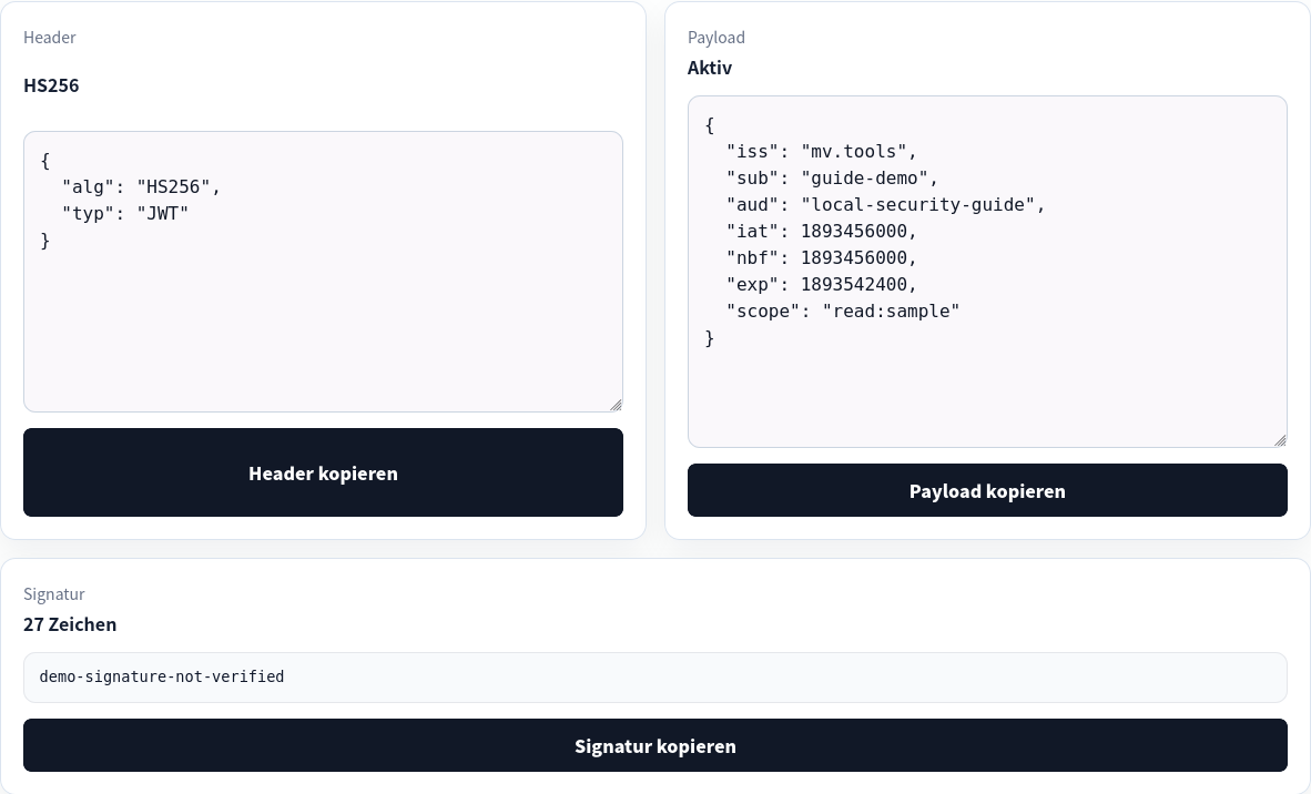 Dekodierter Test-JWT-Header und -Payload ohne Signaturprüfung.
