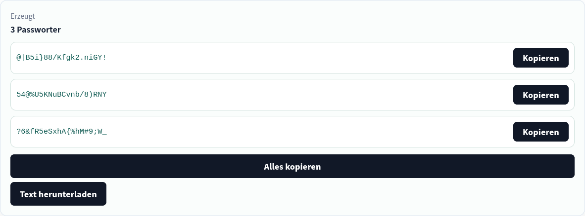 Drei lokale Einmal-Passwörter mit 20 Zeichen.