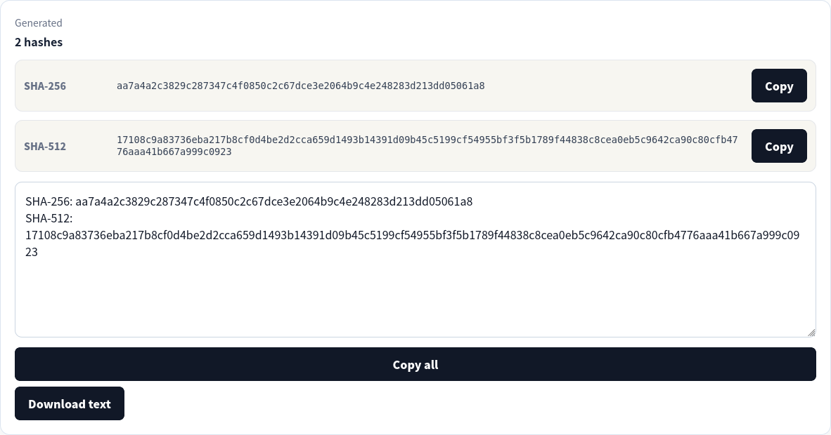 SHA-256 and SHA-512 values calculated for a local, self-authored text sample.