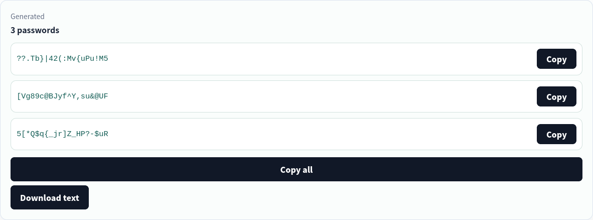 Three disposable, locally generated passwords with a 20-character policy.