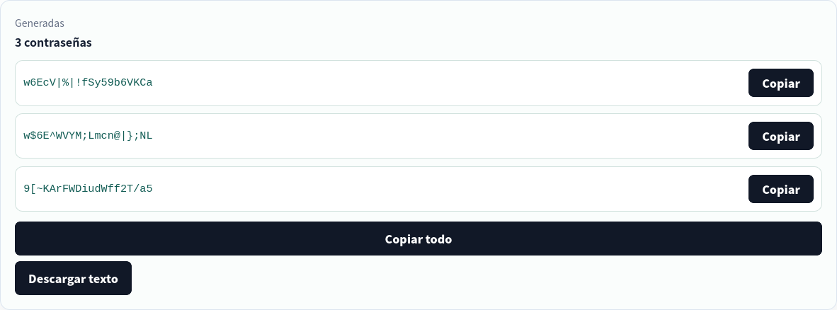 Tres contraseñas locales desechables de 20 caracteres.