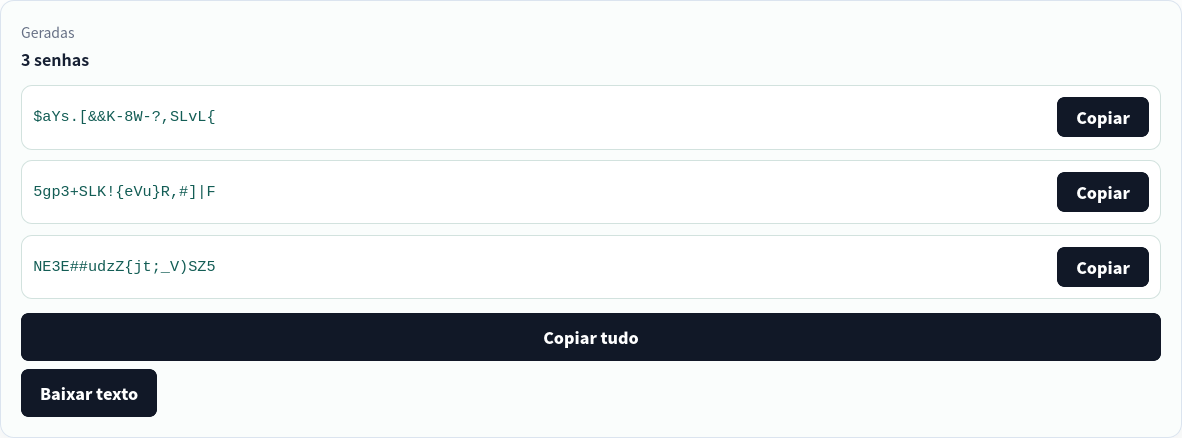 Três senhas locais descartáveis de 20 caracteres.