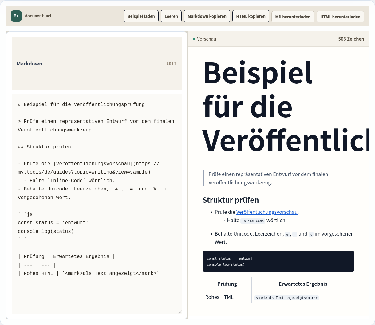 Markdown-Quelle und Live-Vorschau nebeneinander.