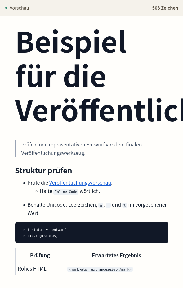 Markdown-Ausgabe mit Link, Liste, Codeblock, Tabelle und escaped HTML.