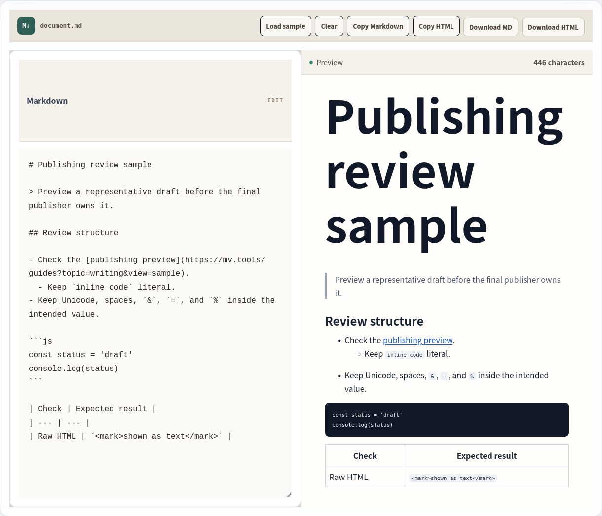 Markdown source and its live preview, shown side by side.