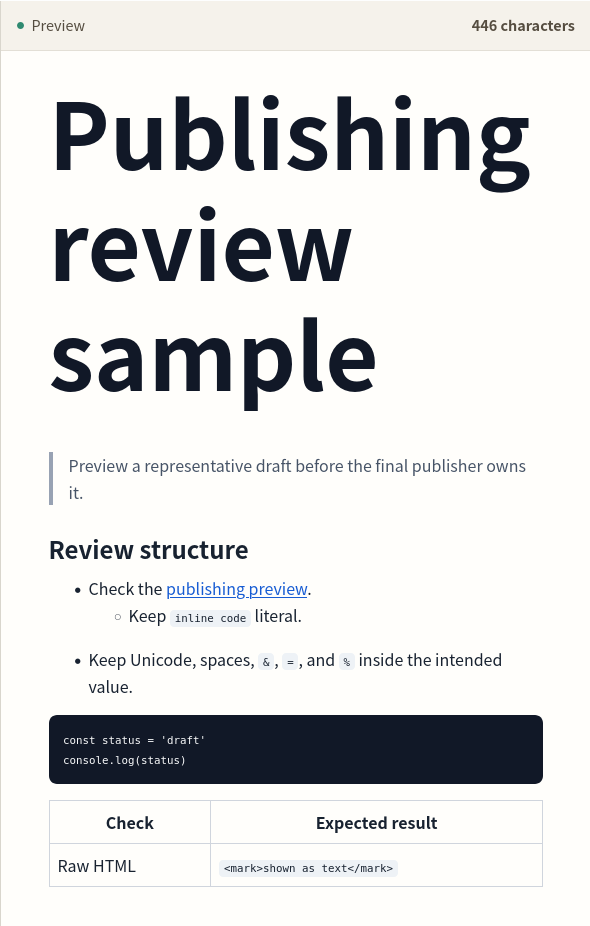 Rendered Markdown output including the link, list, code block, table, and escaped HTML.