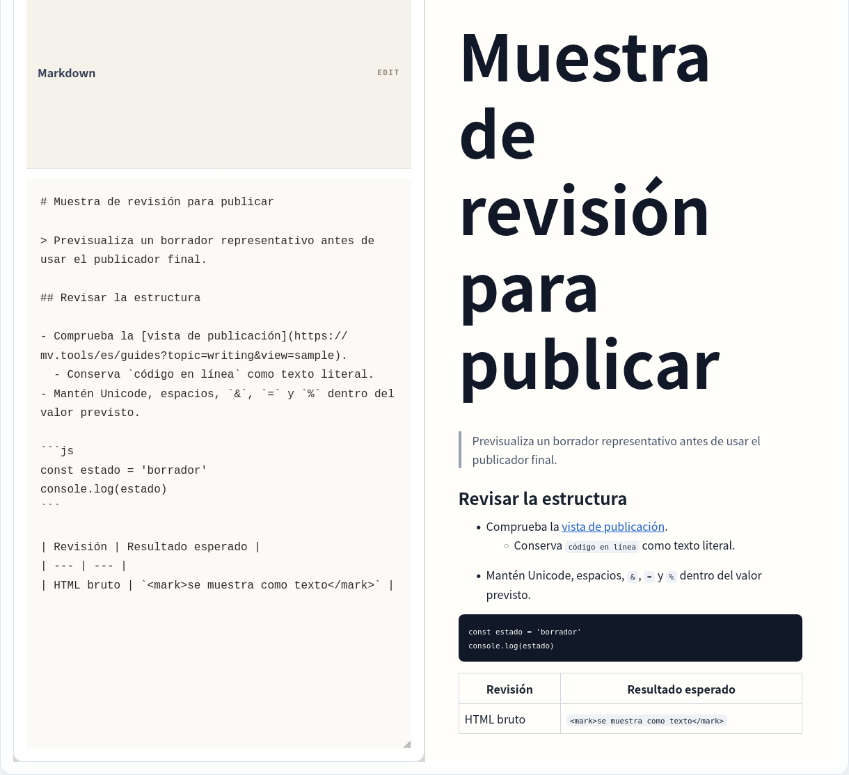 Fuente Markdown y vista en vivo lado a lado.