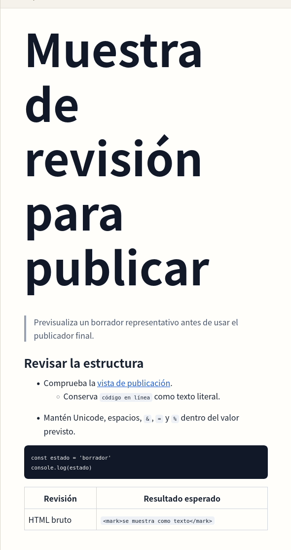 Salida Markdown con enlace, lista, código, tabla y HTML escapado.