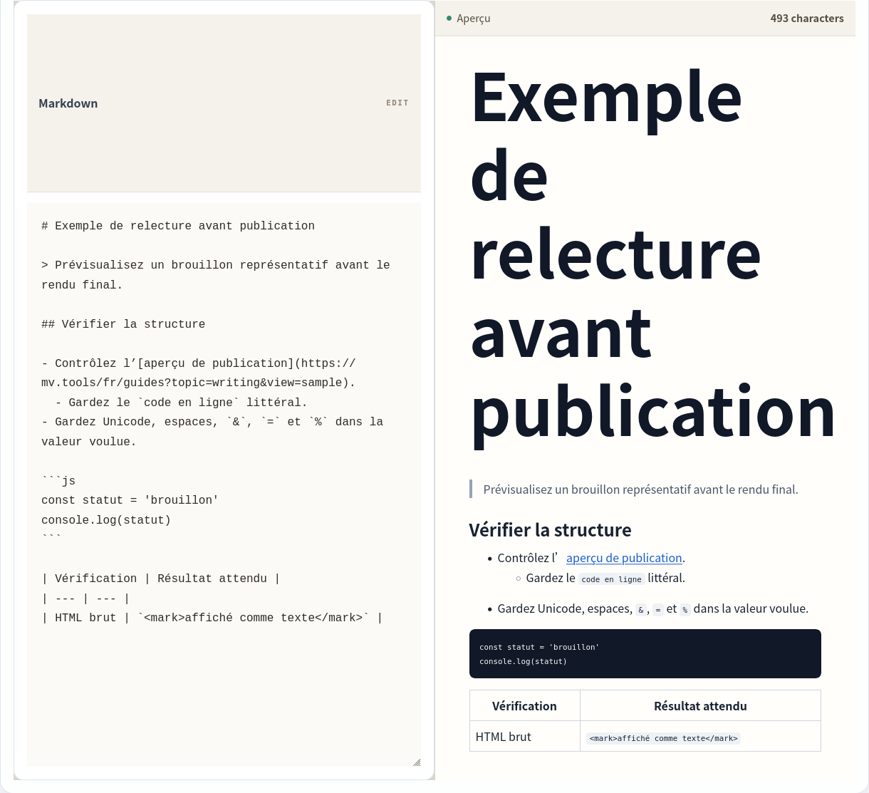 Source Markdown et aperçu en direct côte à côte.